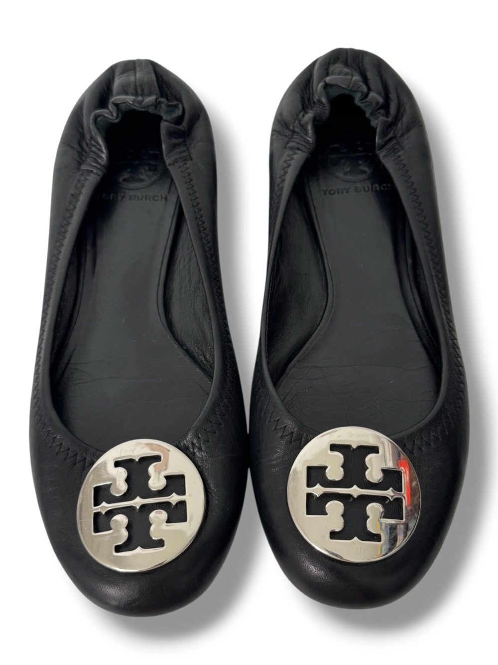 Tory Burch Reva Ballet Flats Women’s Size 7 Black Leather Silver Logo Shoes